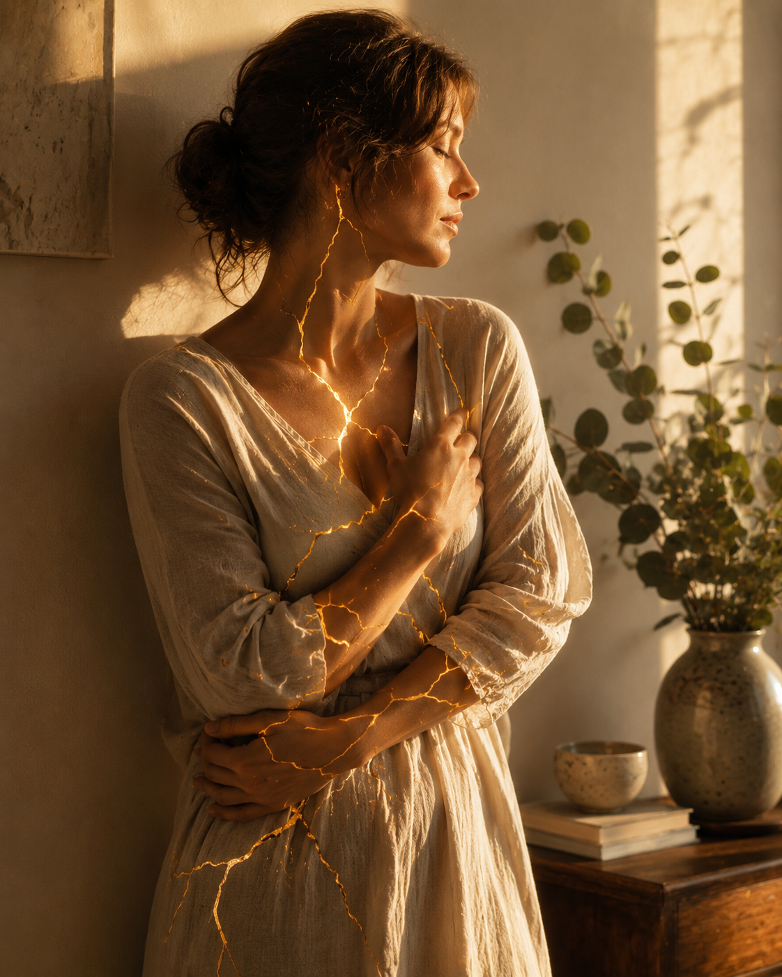 Metáfora visual del Kintsugi, mostrando belleza en la reconstrucción