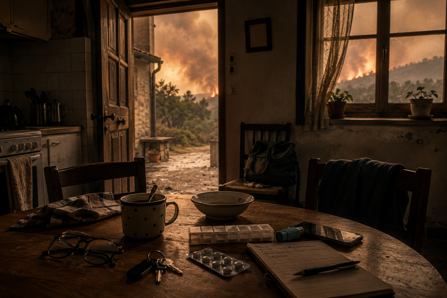Interior de una vivienda rural preparado para una evacuación, con medicación, llaves, gafas y objetos cotidianos sobre una mesa mientras se observa un incendio en el exterior