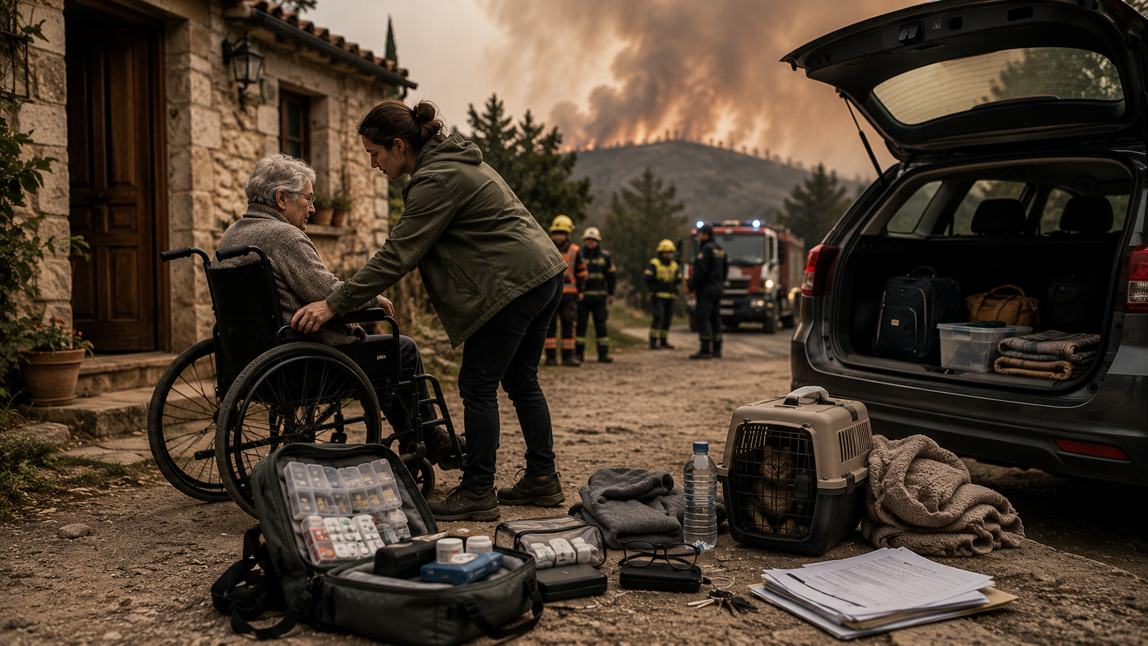 Evacuación accesible de una mujer mayor en silla de ruedas durante un incendio forestal en un pueblo de Guadalajara