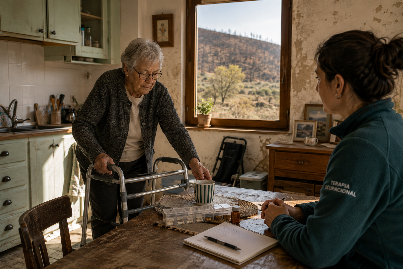 Terapeuta ocupacional valorando en una vivienda rural a una mujer mayor que utiliza un andador tras un incendio forestal