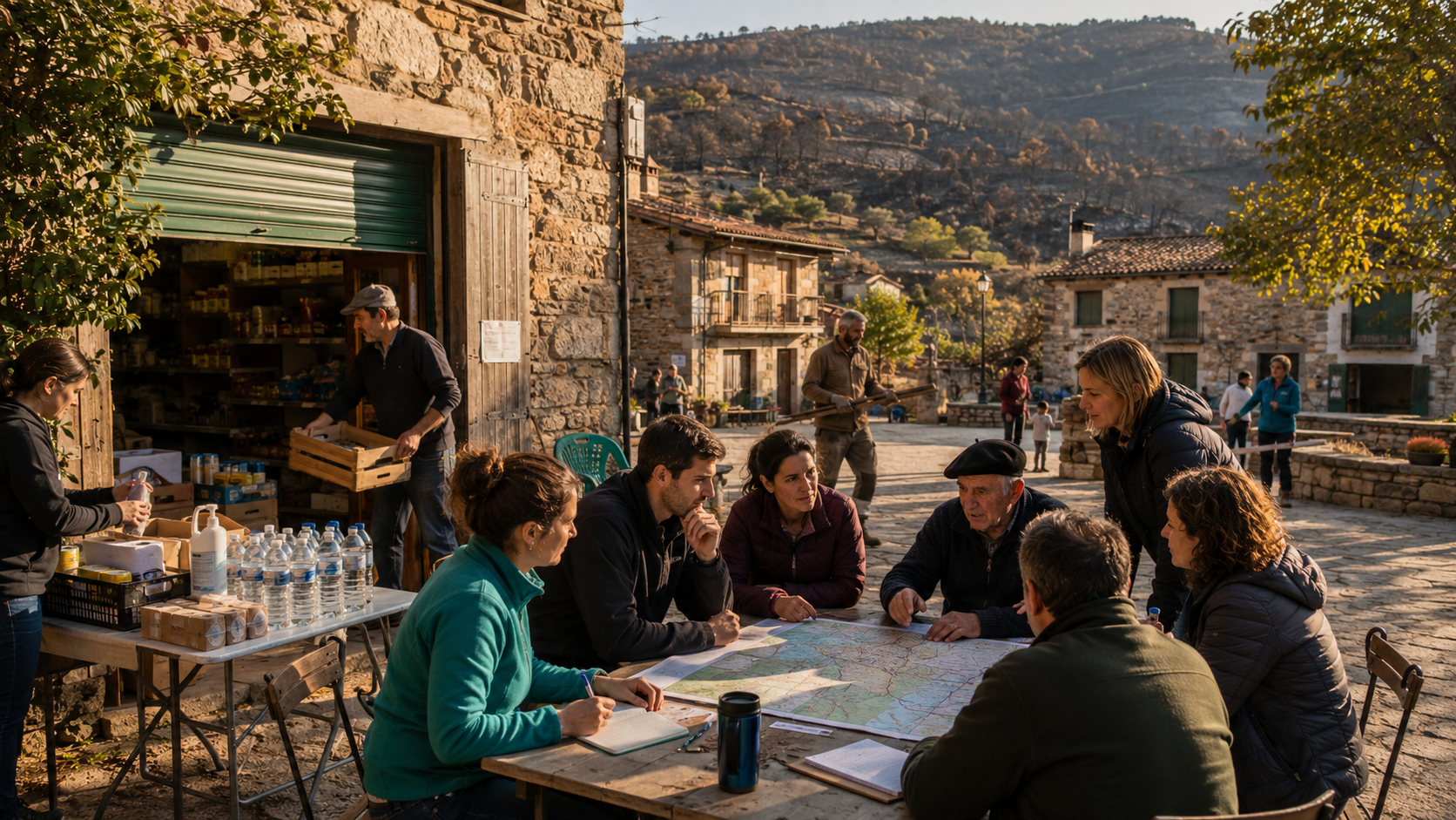 Vecinos y profesionales reunidos en la plaza de un pueblo rural para planificar la recuperación comunitaria después de un incendio forestal